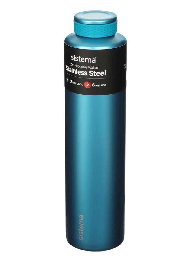 Sistema 600ML Chic Stainless-Steel Bottle, designed with double walled insulation and 100% Leak Proof to keep drinks Hot & Cool, BPA Free. Teal.