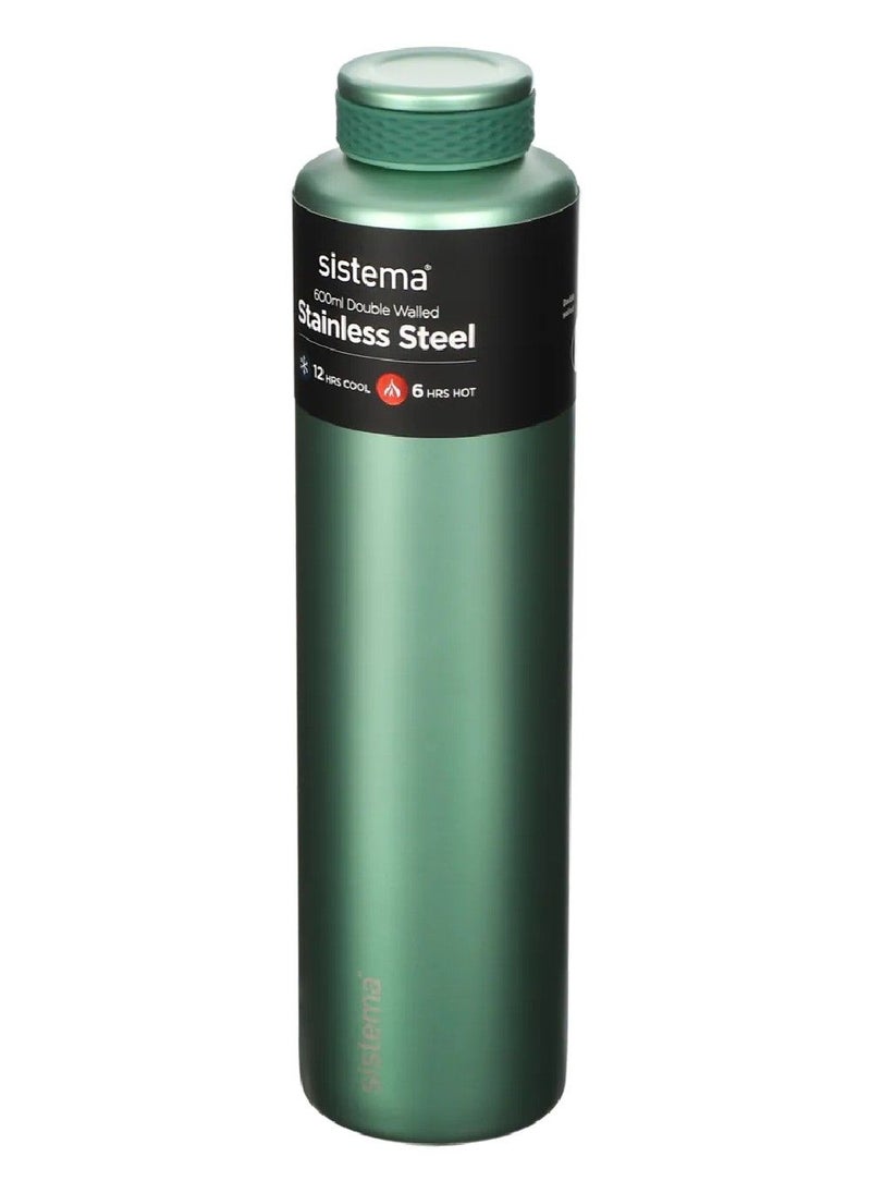 Sistema 600ML Chic Stainless-Steel Bottle, designed with double walled insulation and 100% Leak Proof to keep drinks Hot & Cool, BPA Free. Green.