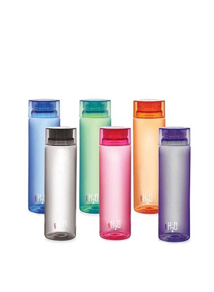 Cello H2O Unbreakable Plastic Bottle Set, 1 Litre, Set of 6, Multicolour