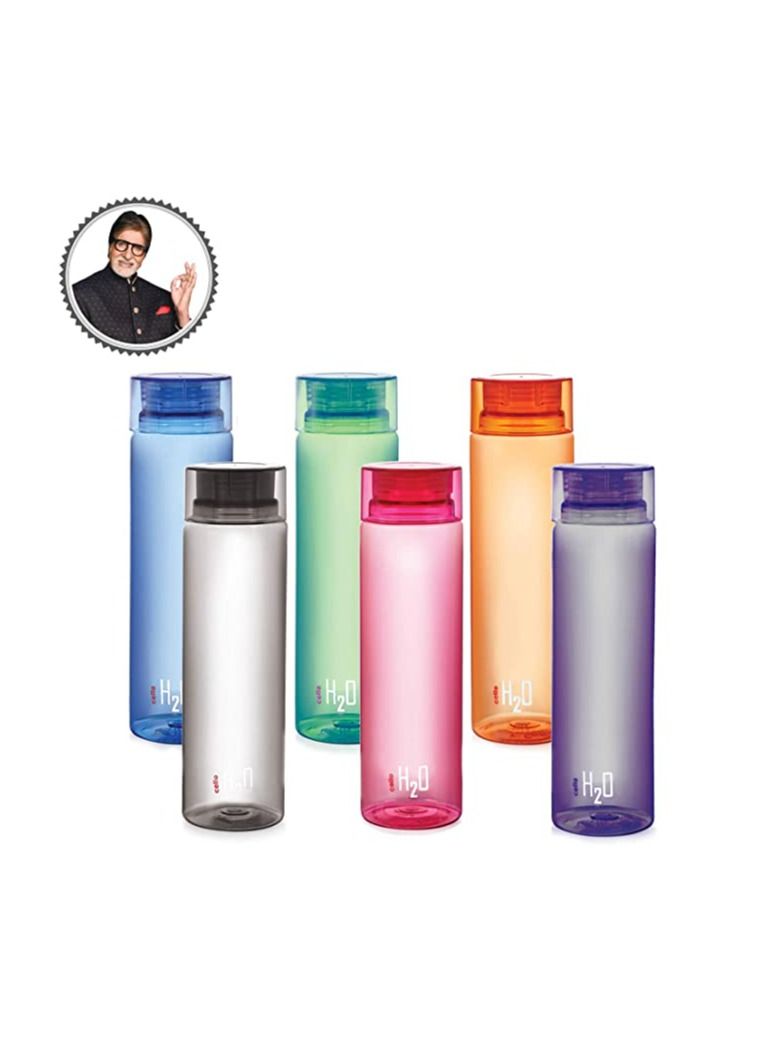 Cello H2O Unbreakable Plastic Bottle Set, 1 Litre, Set of 6, Multicolour