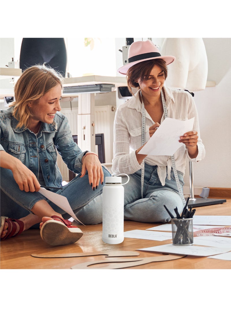 1200ml Water Bottle 18/8 Stainless Steel 304 Double Wall Insulated Thermos Bottle with a wide mouth, 2 lids included, Hot Cold Liquids Sports Bottle bella, 40oz Bottle (Sparkling White)