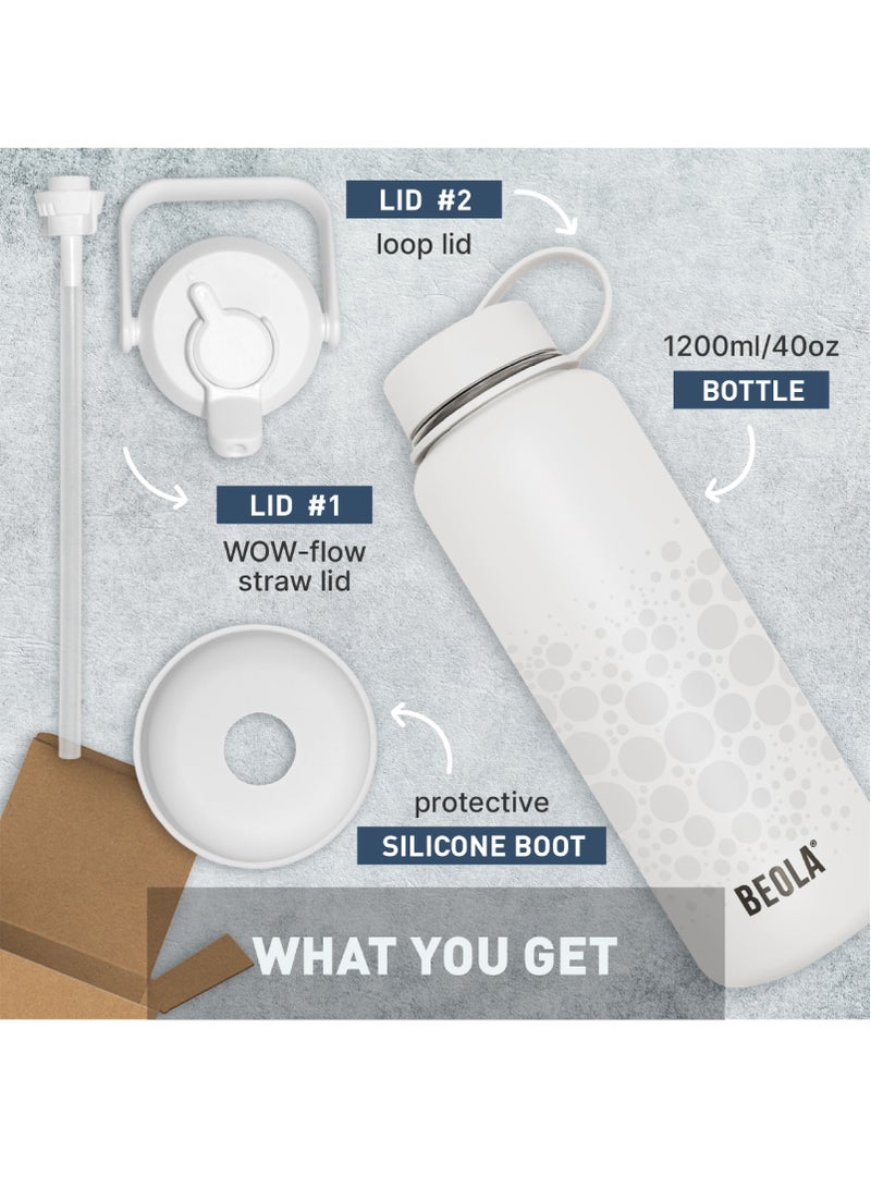 1200ml Water Bottle 18/8 Stainless Steel 304 Double Wall Insulated Thermos Bottle with a wide mouth, 2 lids included, Hot Cold Liquids Sports Bottle bella, 40oz Bottle (Sparkling White)
