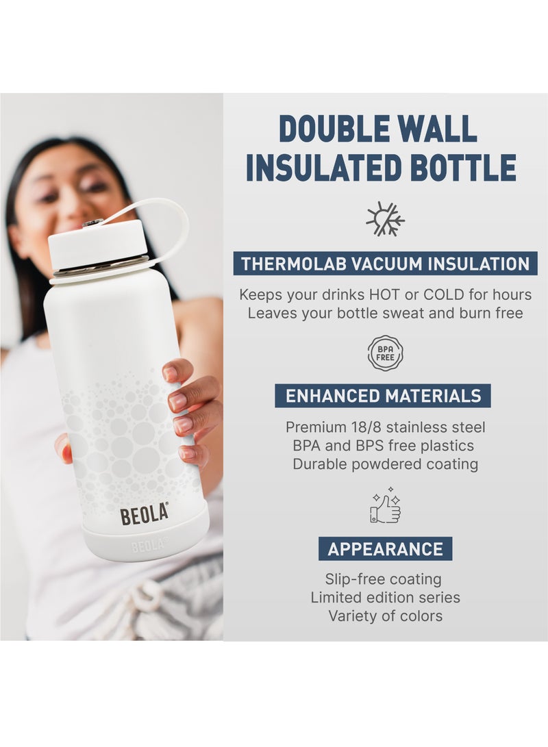 1200ml Water Bottle 18/8 Stainless Steel 304 Double Wall Insulated Thermos Bottle with a wide mouth, 2 lids included, Hot Cold Liquids Sports Bottle bella, 40oz Bottle (Sparkling White)