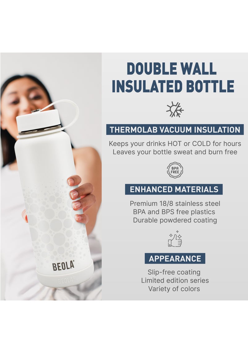 950ml Water Bottle 18/8 Stainless Steel 304 Double Wall Insulated Thermos Bottle with Straw Lid and wide mouth, 2 lids included, Hot Cold Liquids Sports Bottle bella, 32oz (Classic white)