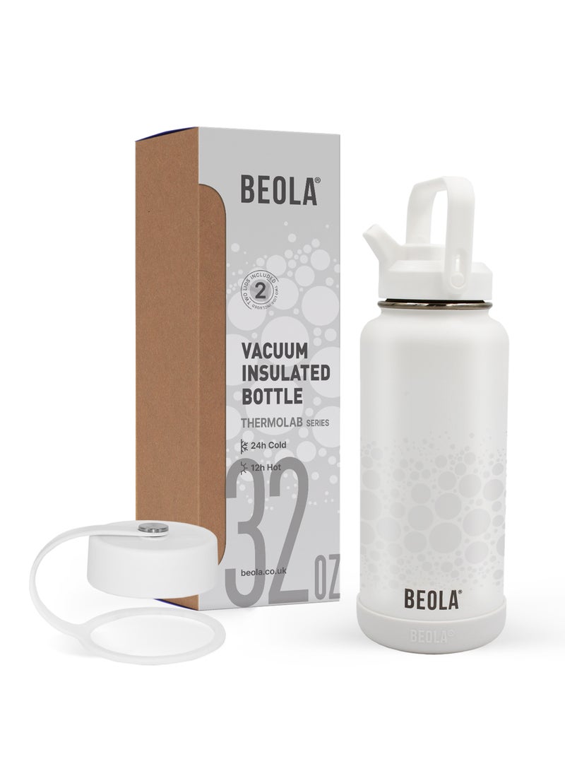 950ml Water Bottle 18/8 Stainless Steel 304 Double Wall Insulated Thermos Bottle with Straw Lid and wide mouth, 2 lids included, Hot Cold Liquids Sports Bottle bella, 32oz (Classic white)
