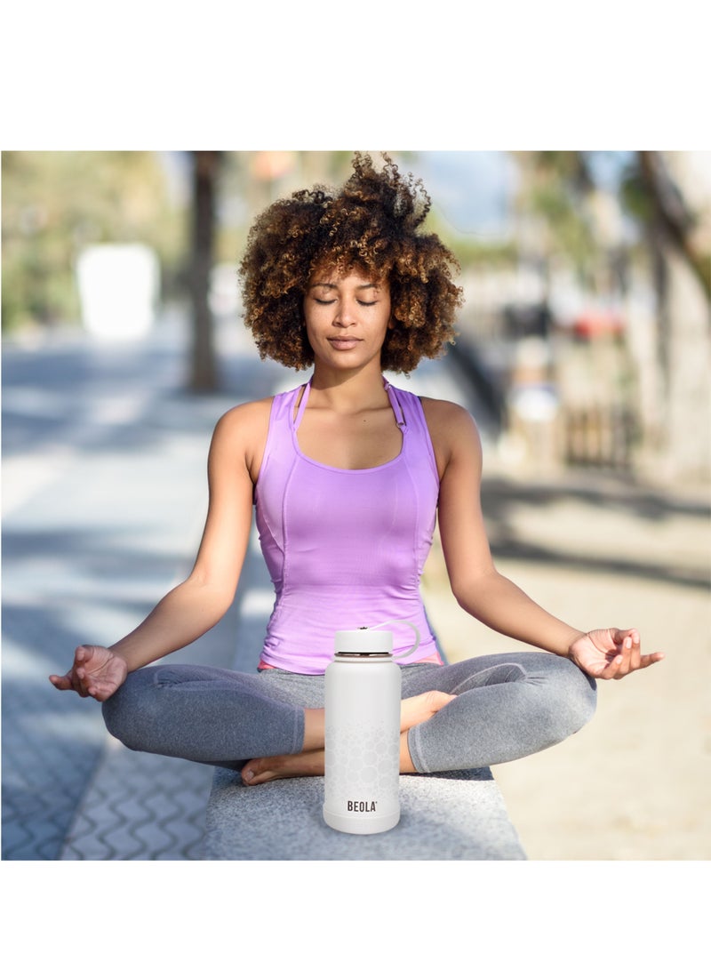 950ml Water Bottle 18/8 Stainless Steel 304 Double Wall Insulated Thermos Bottle with Straw Lid and wide mouth, 2 lids included, Hot Cold Liquids Sports Bottle bella, 32oz (Classic white)