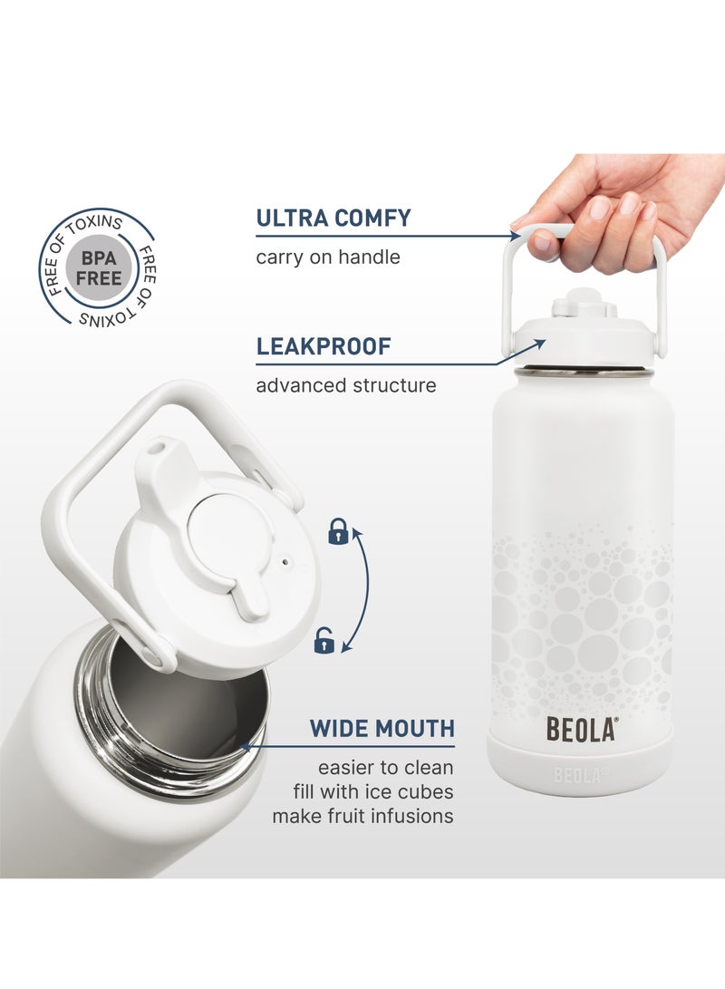 950ml Water Bottle 18/8 Stainless Steel 304 Double Wall Insulated Thermos Bottle with Straw Lid and wide mouth, 2 lids included, Hot Cold Liquids Sports Bottle bella, 32oz (Classic white)