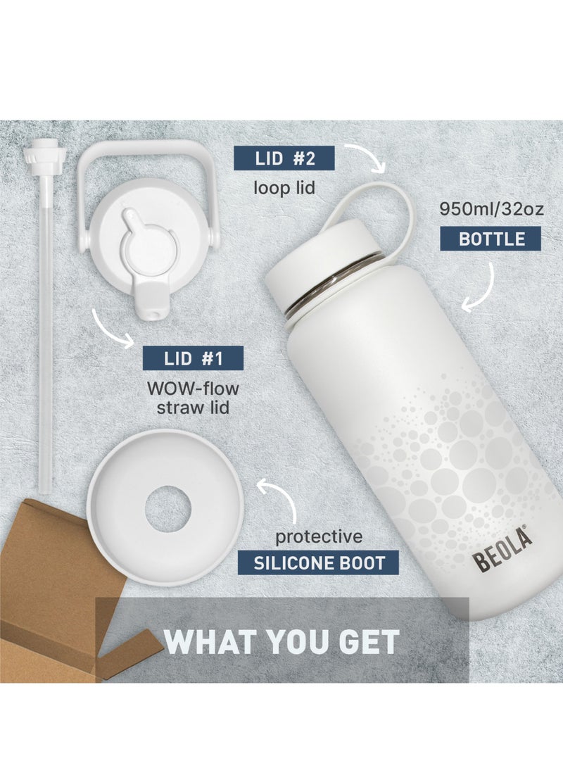 950ml Water Bottle 18/8 Stainless Steel 304 Double Wall Insulated Thermos Bottle with Straw Lid and wide mouth, 2 lids included, Hot Cold Liquids Sports Bottle bella, 32oz (Classic white)