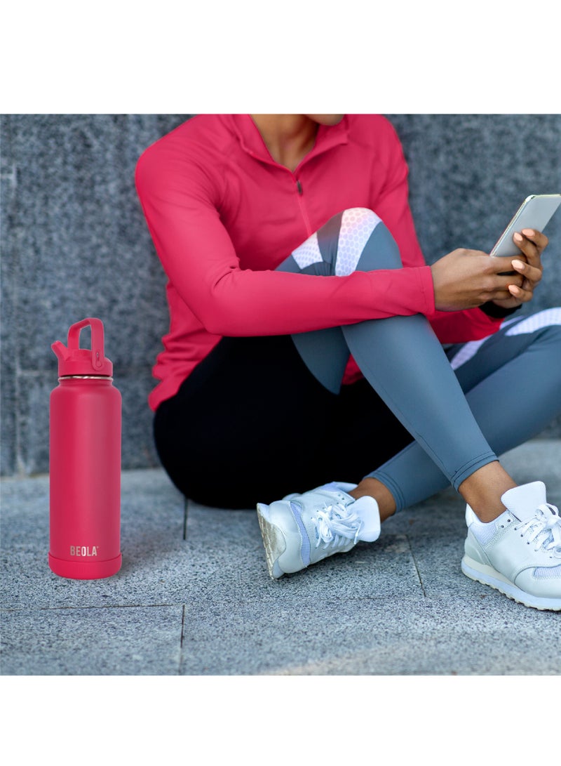 1200ml Water Bottle 18/8 Stainless Steel 304 Double Wall Insulated Thermos Bottle with a wide mouth, 2 lids included, Hot Cold Liquids Sports Bottle, 40oz Bottle (Raspberry)