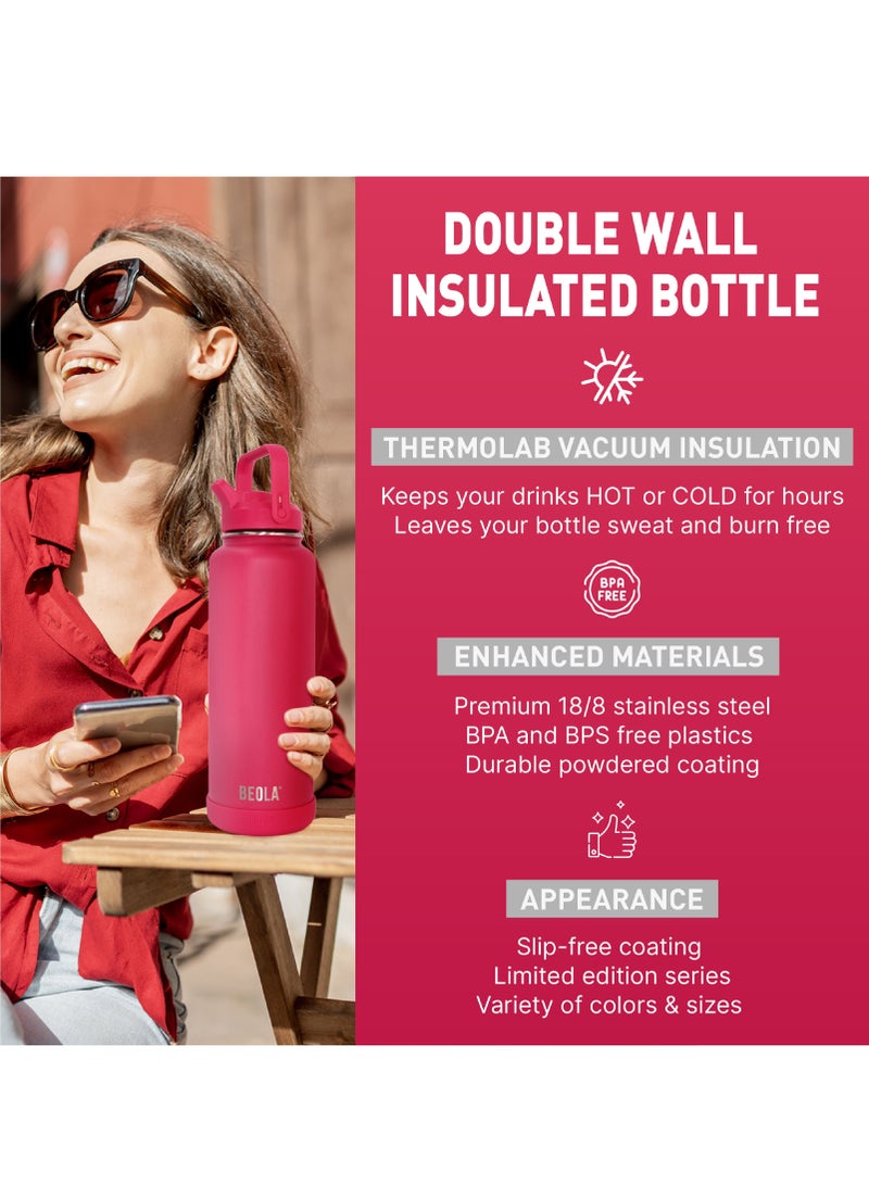 1200ml Water Bottle 18/8 Stainless Steel 304 Double Wall Insulated Thermos Bottle with a wide mouth, 2 lids included, Hot Cold Liquids Sports Bottle, 40oz Bottle (Raspberry)