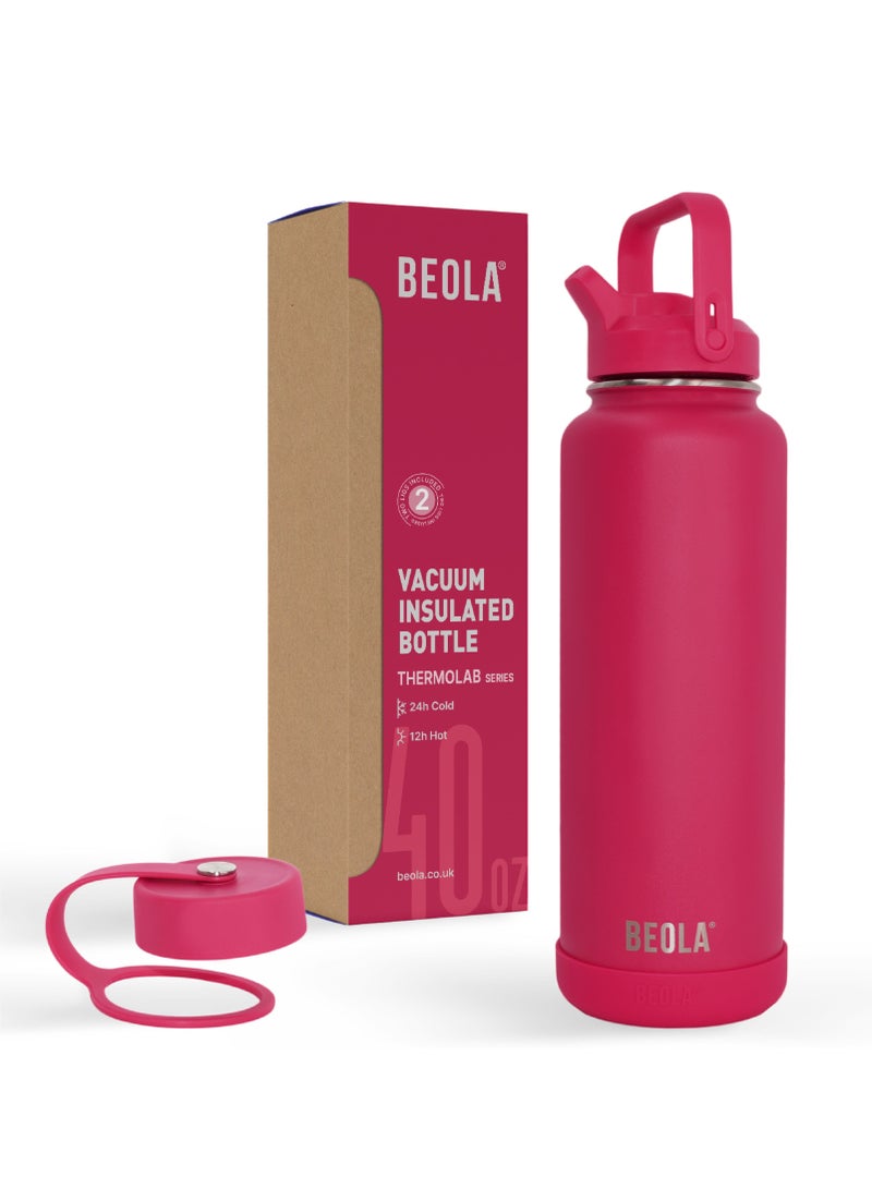 1200ml Water Bottle 18/8 Stainless Steel 304 Double Wall Insulated Thermos Bottle with a wide mouth, 2 lids included, Hot Cold Liquids Sports Bottle, 40oz Bottle (Raspberry)