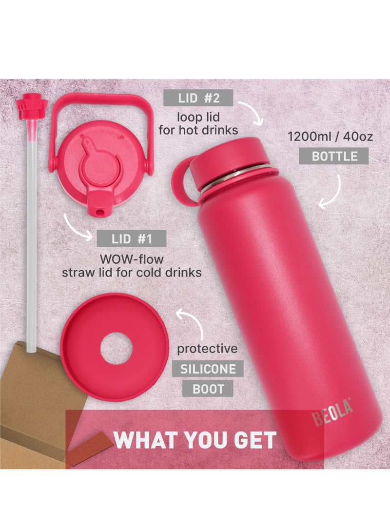 1200ml Water Bottle 18/8 Stainless Steel 304 Double Wall Insulated Thermos Bottle with a wide mouth, 2 lids included, Hot Cold Liquids Sports Bottle, 40oz Bottle (Raspberry)
