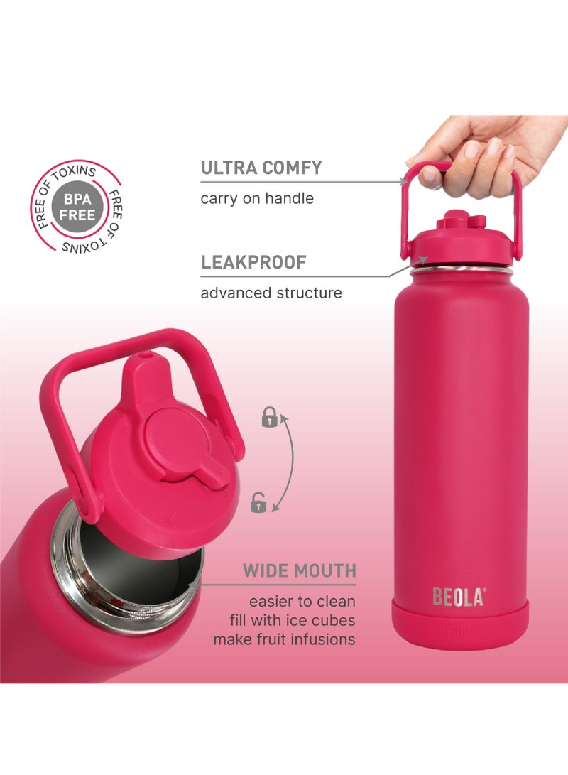 1200ml Water Bottle 18/8 Stainless Steel 304 Double Wall Insulated Thermos Bottle with a wide mouth, 2 lids included, Hot Cold Liquids Sports Bottle, 40oz Bottle (Raspberry)