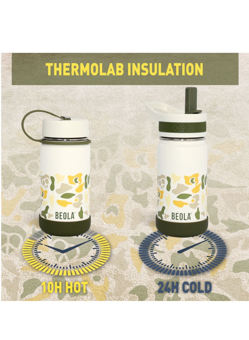 Insulated Kids Water Bottle With Straw Lid - 410ml, Sand Camo