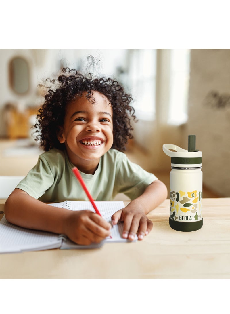 Insulated Kids Water Bottle With Straw Lid - 410ml, Sand Camo