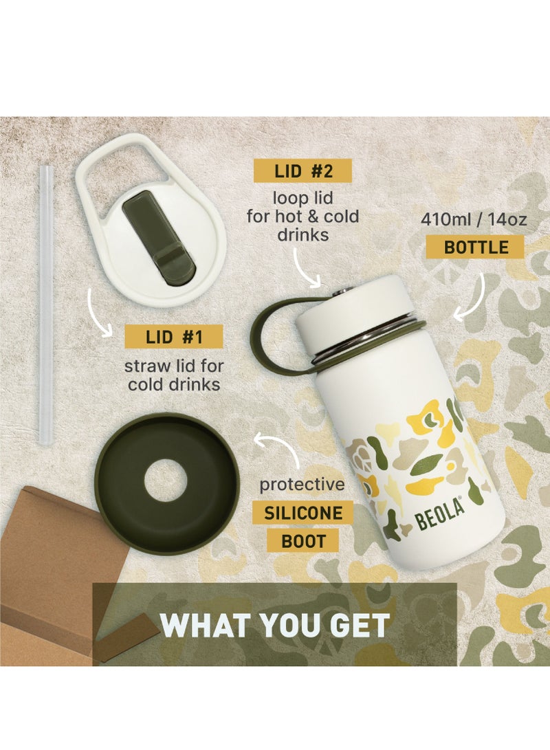 Insulated Kids Water Bottle With Straw Lid - 410ml, Sand Camo