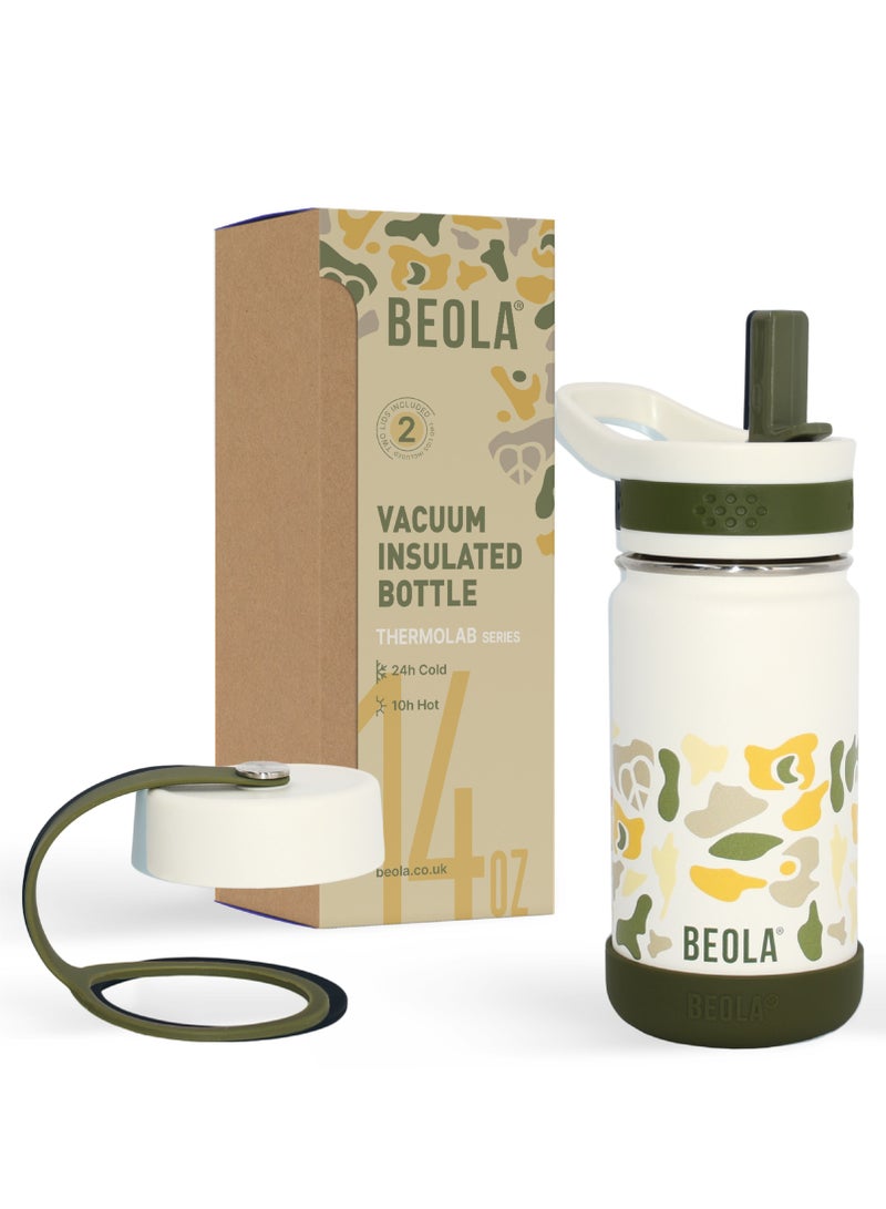 Insulated Kids Water Bottle With Straw Lid - 410ml, Sand Camo