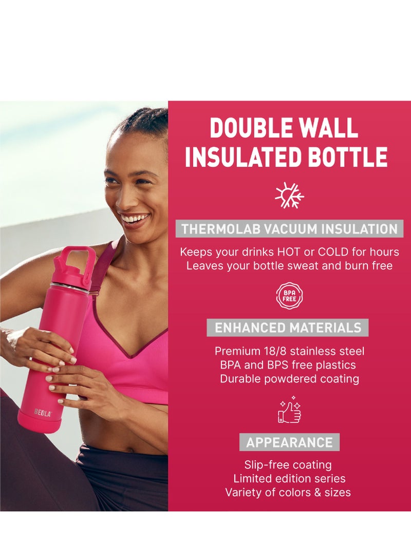 750ml Water Bottle 18/8 Stainless Steel 304 Double Wall Insulated Thermos Bottle with Straw Lid and wide mouth, 2 lids included, Hot Cold Liquids Sports Bottle, 24oz (Raspberry)