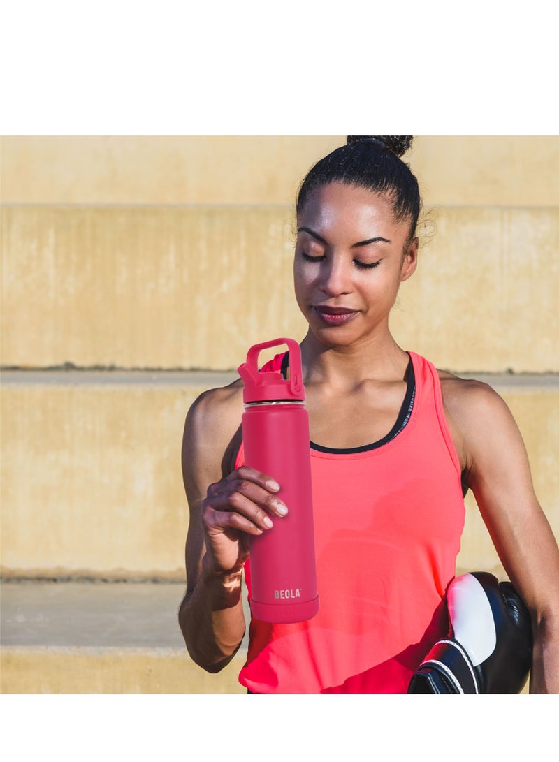 750ml Water Bottle 18/8 Stainless Steel 304 Double Wall Insulated Thermos Bottle with Straw Lid and wide mouth, 2 lids included, Hot Cold Liquids Sports Bottle, 24oz (Raspberry)