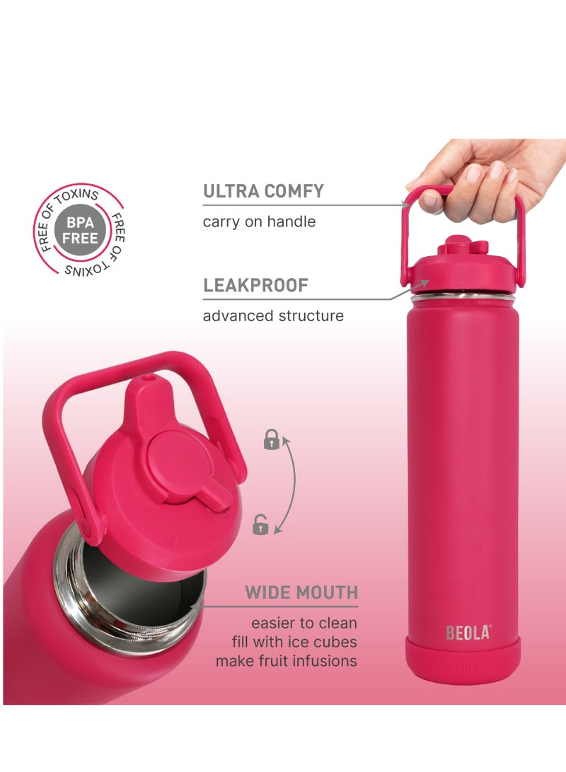 750ml Water Bottle 18/8 Stainless Steel 304 Double Wall Insulated Thermos Bottle with Straw Lid and wide mouth, 2 lids included, Hot Cold Liquids Sports Bottle, 24oz (Raspberry)