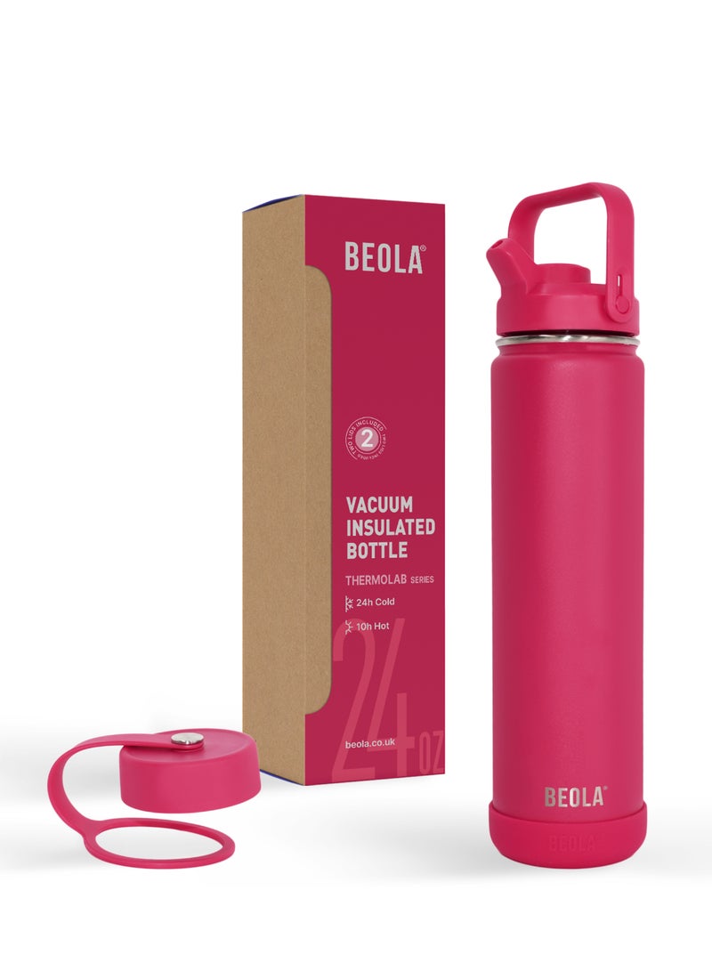 750ml Water Bottle 18/8 Stainless Steel 304 Double Wall Insulated Thermos Bottle with Straw Lid and wide mouth, 2 lids included, Hot Cold Liquids Sports Bottle, 24oz (Raspberry)