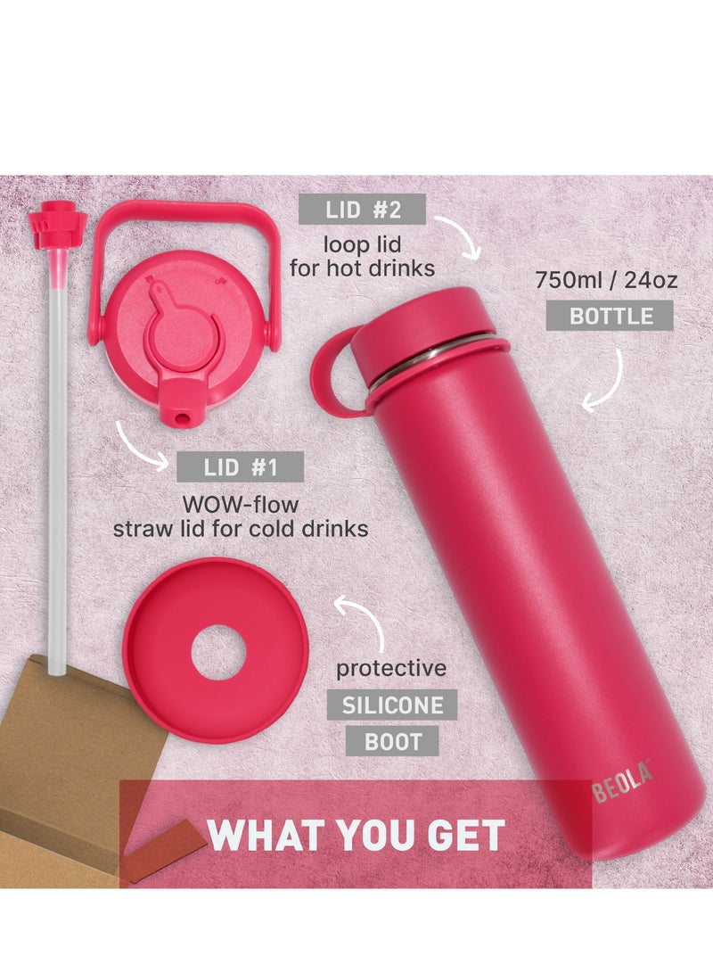 750ml Water Bottle 18/8 Stainless Steel 304 Double Wall Insulated Thermos Bottle with Straw Lid and wide mouth, 2 lids included, Hot Cold Liquids Sports Bottle, 24oz (Raspberry)