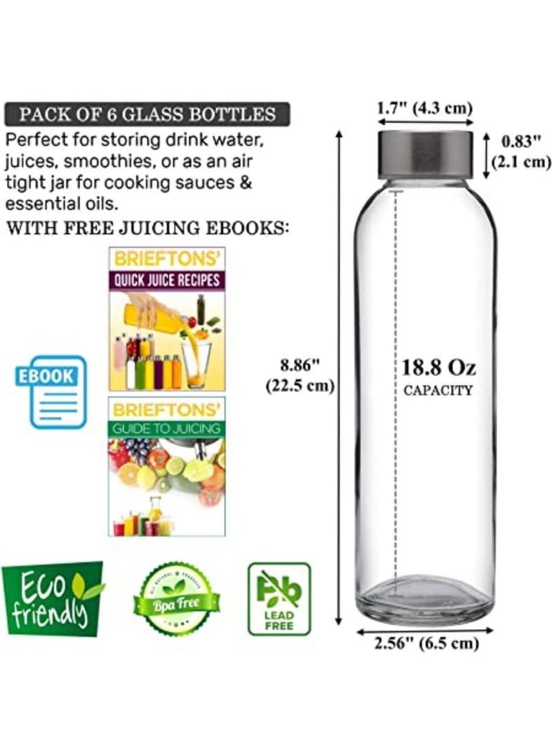 Glass Water Bottles With Caps  Clear 6 Pack 18 Oz Heat Resistant  Slim Easy to Store Leakproof Lids Best As Reusable Drinking Bottle Sauce Jar  Juice Beverage Container