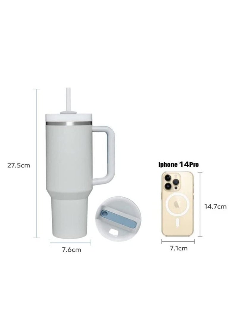 40 Ounce Insulated Cup With Lid And Straw Reusable 304 Stainless Steel Water Bottle Iced Coffee Bear Travel Mug For Car Gym Fitness (White)