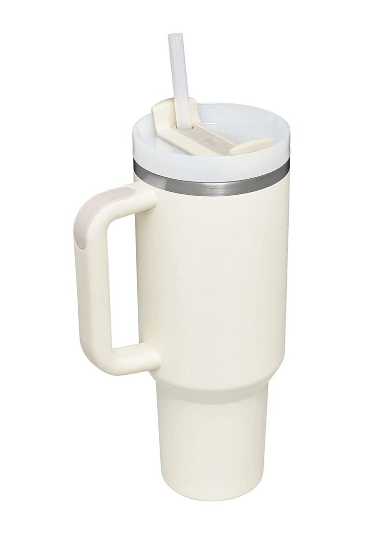 40 Ounce Insulated Cup With Lid And Straw Reusable 304 Stainless Steel Water Bottle Iced Coffee Bear Travel Mug For Car Gym Fitness (White)