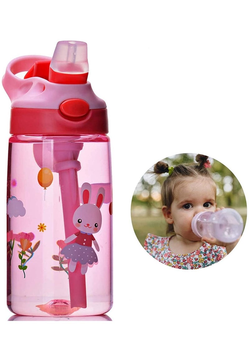 Children's Water Bottle, Cute Toddler Cup with Straw Leak-Proof Button to Open, and Durable Plastic Drinking Suitable for Boys Girls Rabbits Indoor Outdoor