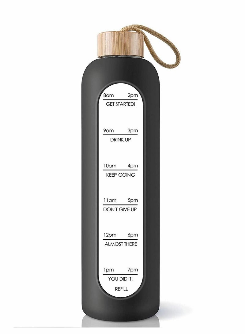 32 Oz Borosilicate Glass Water Bottle with Time Marker Reminder Quotes, Leak Proof Reusable BPA Free Motivational Silicone Sleeve and Bamboo Lid (Black)