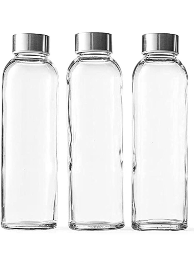 Glass Water Bottles With Caps Clear Pack of 3 18 Oz Leakproof Lids