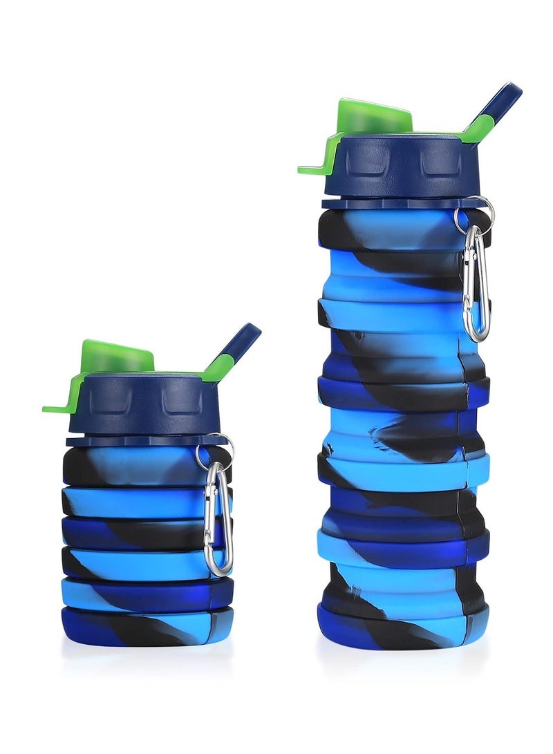 Sports Water Bottle, 500 ml Collapsible Adult Drinking Bottle Silicone Drink Bottle Outdoor Fitness Portable Sports Water Bottle with Hiking Buckle Personality Travel Mug ( Camouflage Blue )