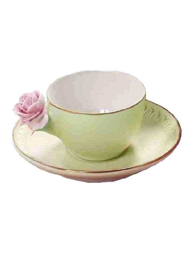 Coffee Cup With Rose And Saucer Spring Green/Baby Rose 5X12cm