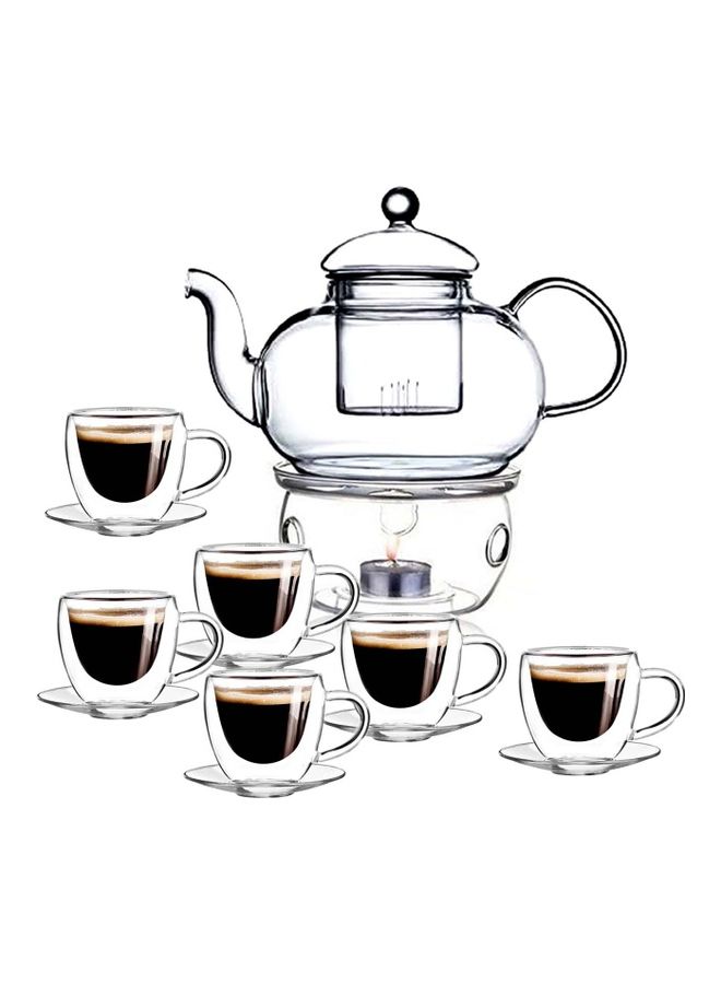 Double Wall Borosilicate Glass Teacup And Saucer Set With Teapot And Candle Warmer Clear 75ml