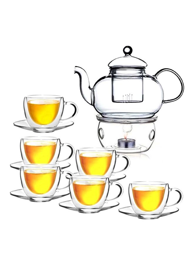 Double Wall Borosilicate Glass Teacup And Saucer Set With Teapot And Candle Warmer Clear 120ml