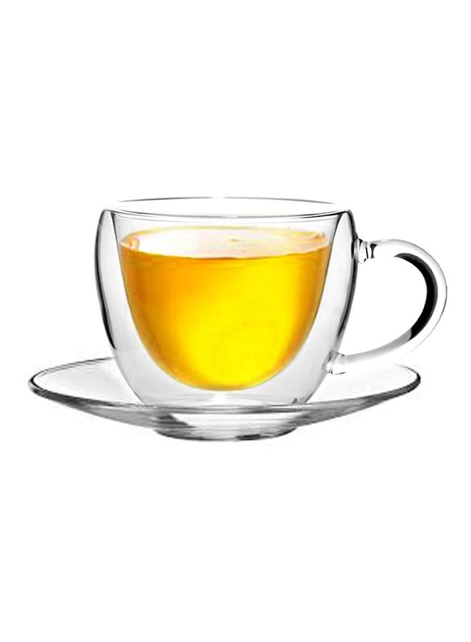 Double Wall Borosilicate Glass Teacup And Saucer Set With Teapot And Candle Warmer Clear 120ml