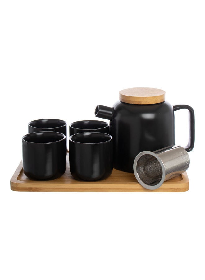7-Piece Porcelain Tea Set Wooden/Black 35.5-16.6-24cm