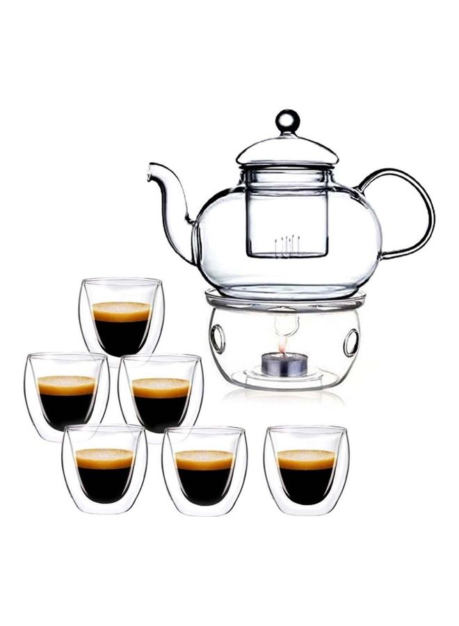 8-Piece Heat-Resistant Double Wall Borosilicate Glass Infuser Teapot Set With Warmer Clear 600ml
