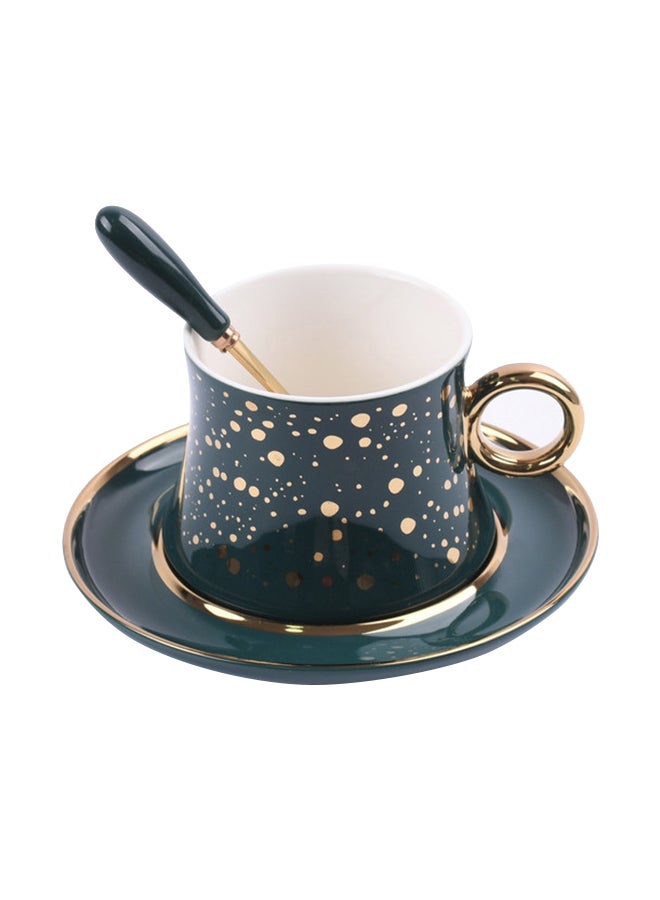 3-Piece Ceramic Tea Cup And Saucer Set With Spoon Green/Gold 240ml