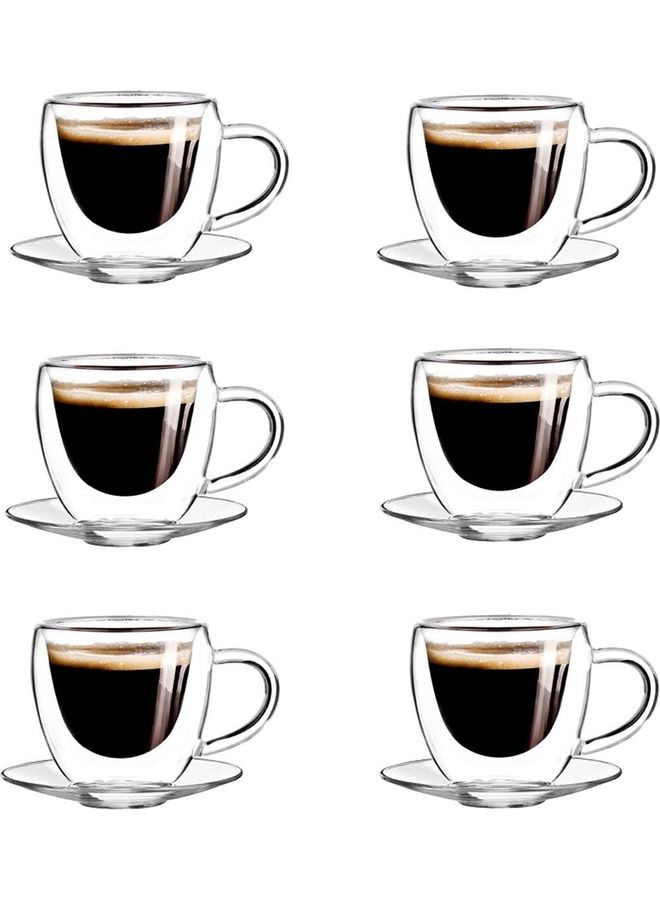 6-Piece Double Wall Glass Teacup and Saucer Set Clear 8.5cm