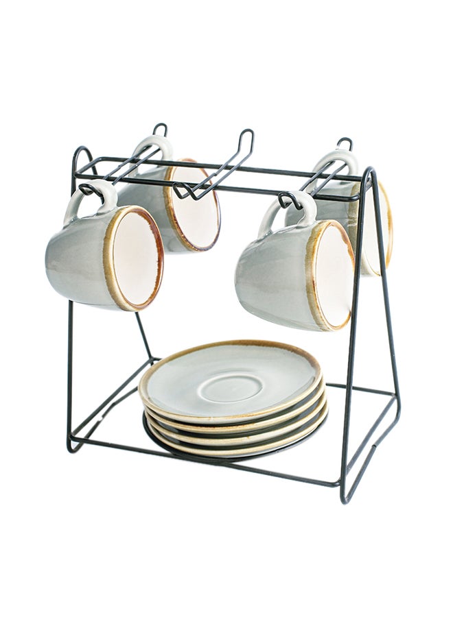 9-Piece Cups And Saucers Set With Stand White/Black 80ml