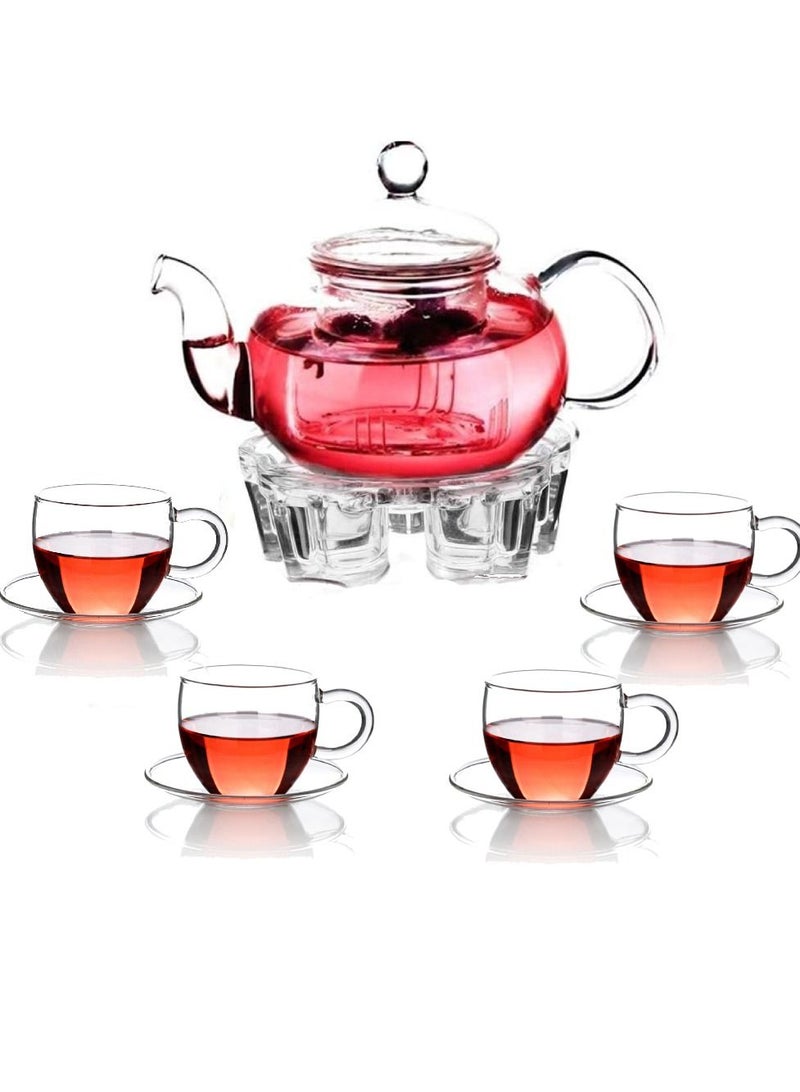 Glass Tea Set- Borosilicate Teapot With Heart Shape Tea Warmer And 4 Tea Cups