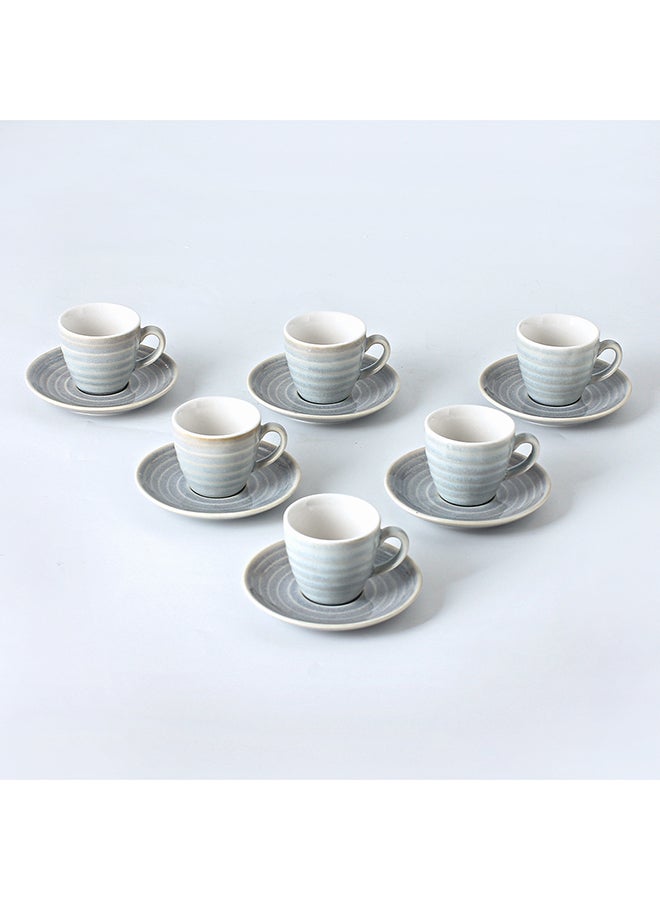 12-Piece Kiln Variable Glaze Process Round Linear Ceramic Cup And Saucer Set Light Green/White 11x9x6.5cm