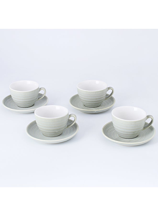 8-Piece Kiln Variable Glaze Process Round Linear Ceramic Coffee Cup And Saucer Set Light Green/White 12.5x10x7.2cm