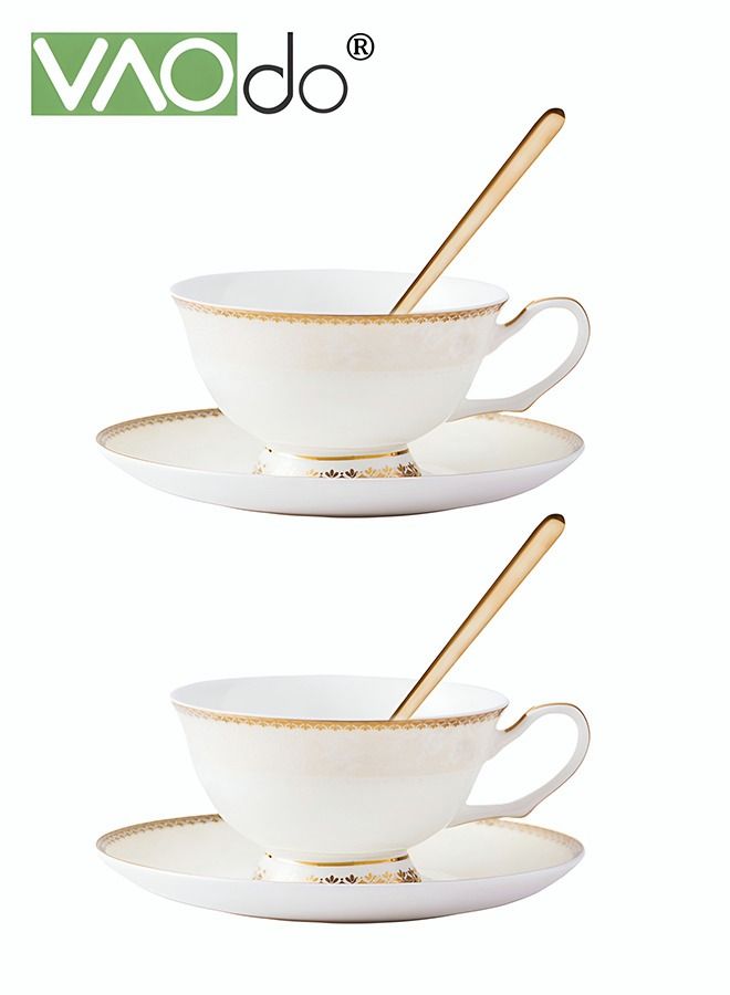 2PCS Coffee and Saucer Set With Spoon Thin Through Bone China Hand-painted Gold Black Tea Teacup Afternoon Teacup and Saucer Spoon Set
