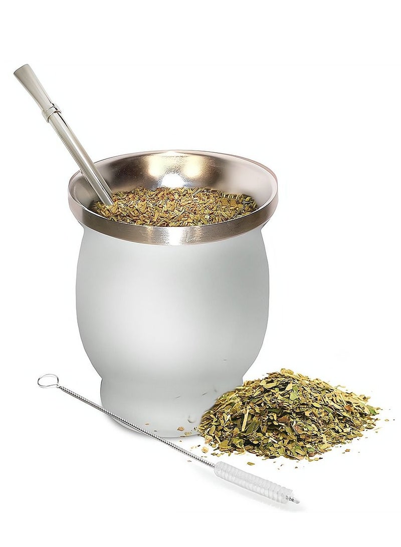230ml White Color Yerba Mate Tea Cup Stainless Steel Double Walled Easy Wash Household Insulation Cup Mate Gourds for Yerba Mate Loose Leaf Drinking with Bombilla Straw