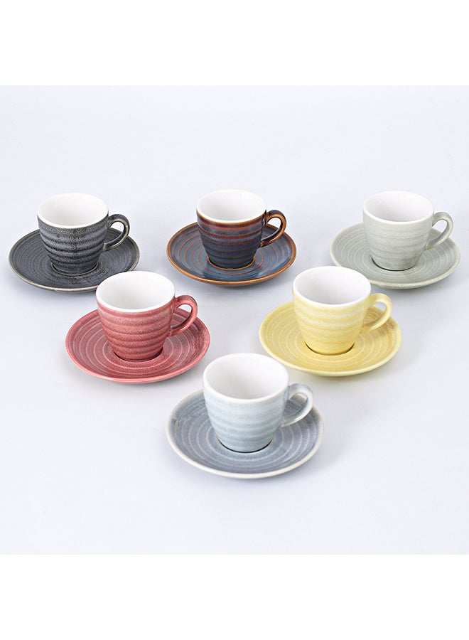 12-Piece Kiln Variable Glaze Process Round Linear Ceramic Cup And Saucer Set Multicolour 11x9x6.5cm