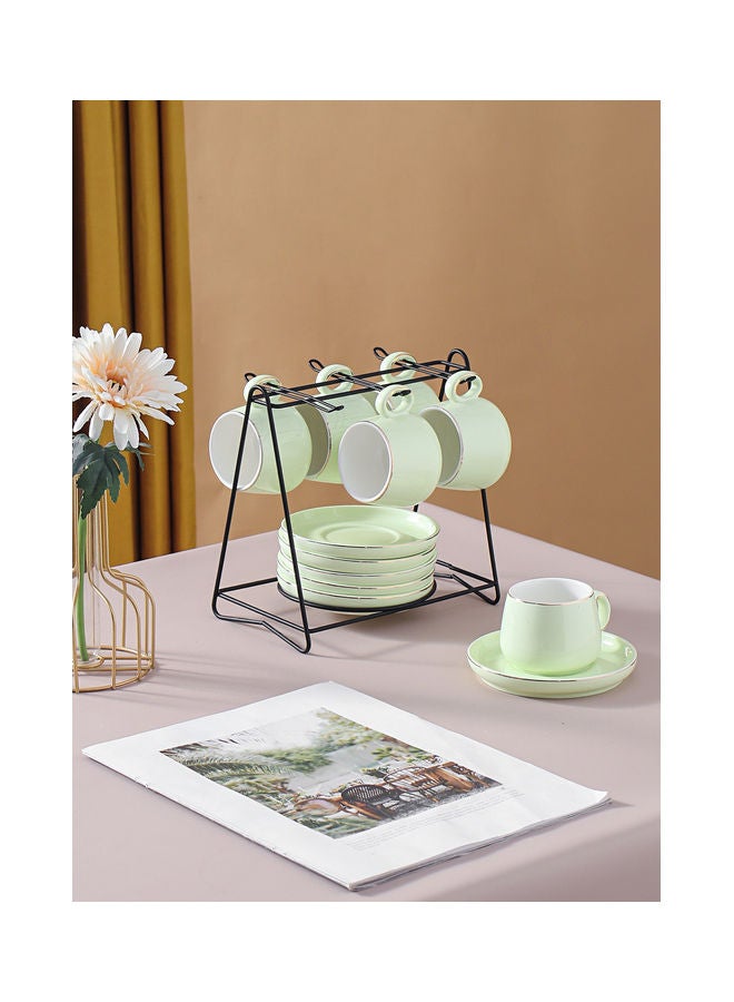 6-Piece Ceramic Cup and Saucer Set with Holder Green/Black 125ml