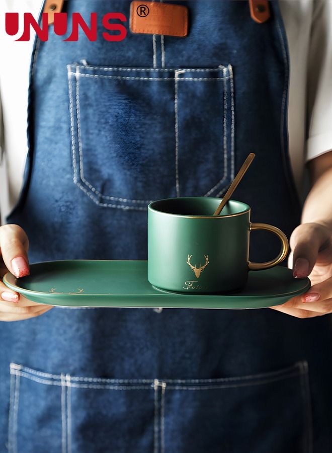 Ceramic Cup And Saucer Set,Tea Cup With Saucer And Golden Spoon,Elk Pattern Tea Breakfast Dessert Plate For Cappuccino,Latte,Cereal,Milk,Home Office Party,3 Piece,250ML,Green